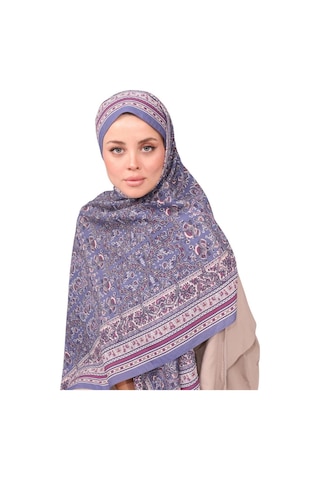 Premium Lux Original Etnik Desen Şal Vual İpek, 1. Sınıf, Hafif, Rahat, Şık, Tesettür Giyim Eflatun