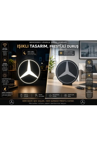 Mercedes Masa Lambası , Mercedes Logolu Led Işıklı Masa Lambası , Mercedes Gündüz Gece Masa Lambası Siyah