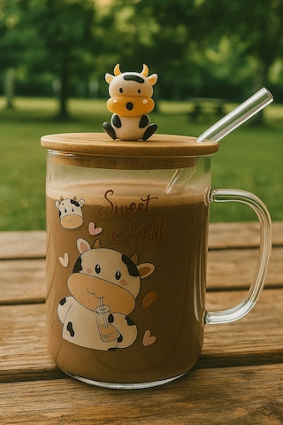 İnek Figürlü Cam Kupa Bambu Kapaklı Ve Cam Pipetli Meşrubat Bardağı - Sweet Milk Şeffaf
