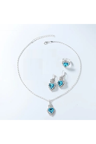 Elegant Yuvarlak Quvars Saat Analog Ve Kolye+küpe+yüzük Takım Açık Mavi