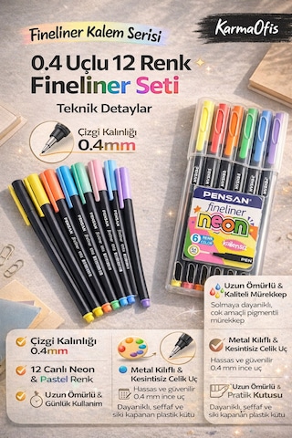 0.4 Uçlu 12 Renk Fineliner Kalem Seti Neon & Pastel Pensan İnce Uç Çizim Kalemi Seti
