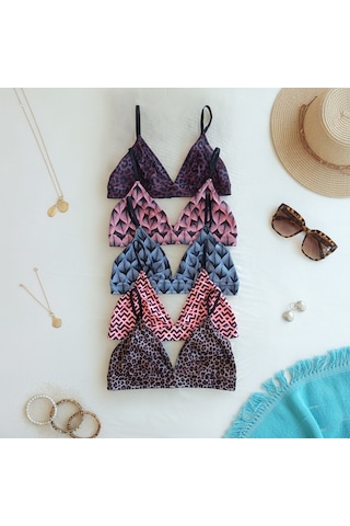Bonbon Kadın Balensiz Desteksiz Üçgen Bralet 5 Renk 5'li Paket Leopar Mavi Pembe Çiçek Geometri Desenli Sütyen Bb2818 Desen2
