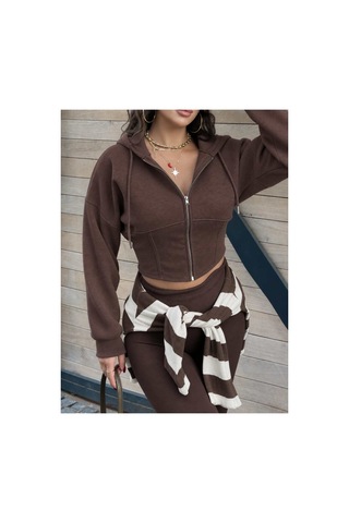 Evoa Kadın Kahve Oversize Kol Kapüşonlu Crop Hırka Kahverengi