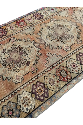 El Dokuma Vintage Eskitme Maden Halısı 94x300 Yün 3 Metre Yolluk Renkli