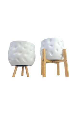 Bitki Tasarımı Ev Dekorasyon Aksesuar Beyaz Desenli Toprak Saksı Saksılık Salon Çiçeklik İkili Set 3-4 Ayaklı 19 Cm