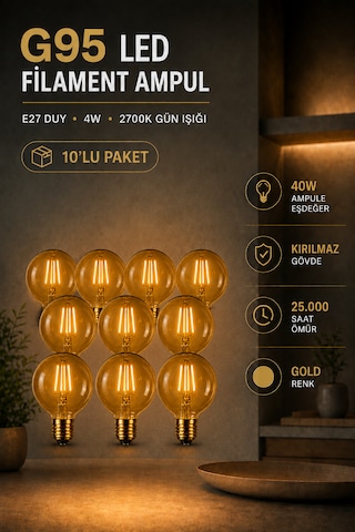 Rustik Led Kırılmaz Ampul G95 Glop E27 4w 2700k Sıcak Işık Gold Filament Dekoratif Dimmerli 10'lu