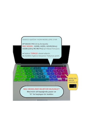 Macbook Pro Türkçe Q Çeviri Klavye Koruyucu Us Ansı Amerikan Düz Enter A2338 M1 M2 A2251 A2289 A2141 Uyumlu Silikon Keyboard Cover Touch Bar Pembe Yeşil