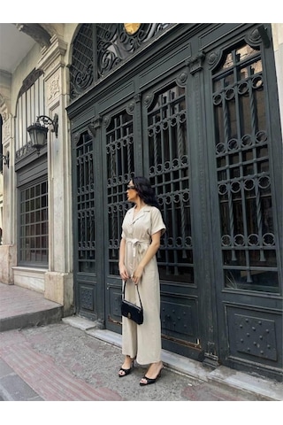 Ahes Shopping Keten Tulum Bel Bağlama Detaylı - Krem Krem