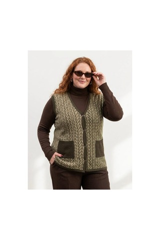 Onno Style Women Büyük Beden Çelik Örgü Klasik Leopar Desen Triko Kadın Yelek Kahverengi