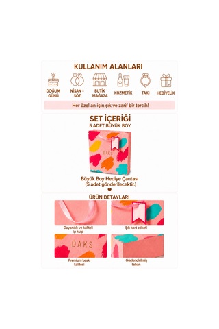 5 Adet 26 X 32 X 14 Cm - Pastel Pembe Renkli Fırça Desenli Büyük Boy Karton Hediye Çantası 3+