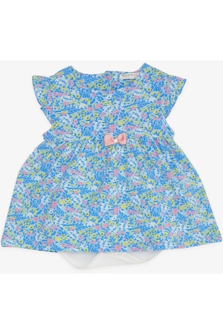 Breeze Kız Bebek Elbise Zıbınlı Çiçek Desenli Fiyonklu 9 Ay-3 Yaş, Mavi Mavi