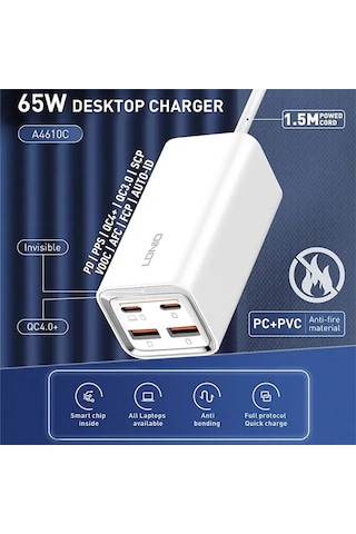 Ldnıo A4610c Pd65w Çift Usb-c / Tip-c + Çift Usb Hızlı Şarj Cihazı, Kablo Uzunluğu: 1.5m, Fiş Tipi: Ab Fiş ﾡﾤ Beyaz Beyaz