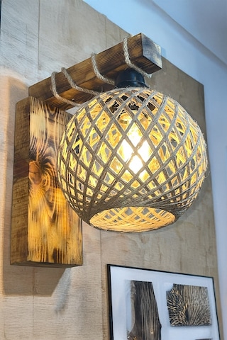 Rustik Ahşap Duvar Apliği Doğal Halat Detaylı, El Yapımı Avize, Dekoratif Yatak Odası Lambası Ahşap