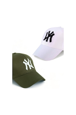 Unisex 2'li Set Haki ve Beyaz Renk Ny New York Beyzbol Şapka - Unisex Haki - Beyaz