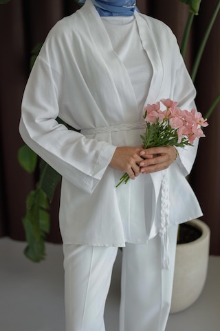 Moonsc Keten Kimono Kemerli Beyaz