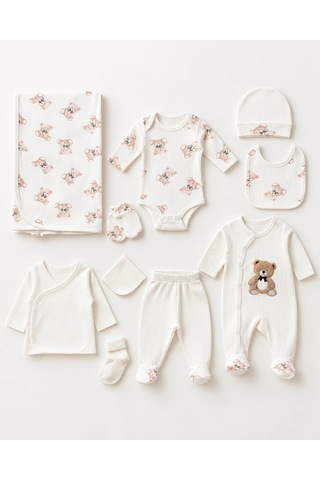 Eray Alp Kids Erkek Bebek Ayıcık Desenli Hastane Çıkışı 10'lu Set Beyaz