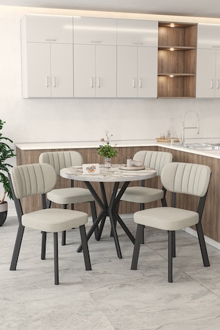 Gnr 90cm Sabit Efes Mutfak Masası Takımı, Yemek Masası, 4 Modern Krem Sandalye Krem