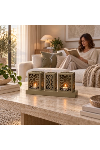 Lazer Kesim Metal Tealight Mumluk Ve Tütsülük Seti Geometrik Selçuklu Yıldızı Motifli Modern Ev Dekoru Benzersiz Masa Süsü Ve Hediye Haki