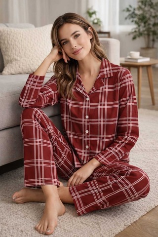 Tenra Kadın Pijama Takımı Licralı Boydan Düğme Bordo