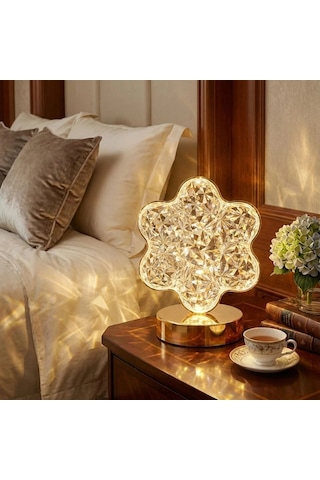 Çiçek Model Kristal Led Masa Lambası Dokunmatik, 3 Renk Işık Modlu, Şarjlı Mini Dekoratif Gece Lam Çok Renkli
