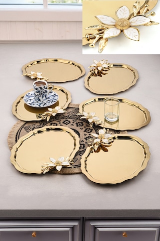 6 Adet Oval Papatlı Kahve-çay Servis Ve Sunum Tepsisi 25x20 Cm