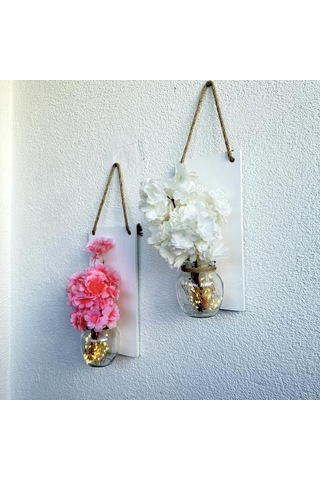 Led Işıklı, Pembe Ve Beyaz Bahardalı Çiçekli Duvar Dekoru Beyaz İkili Set Beyaz