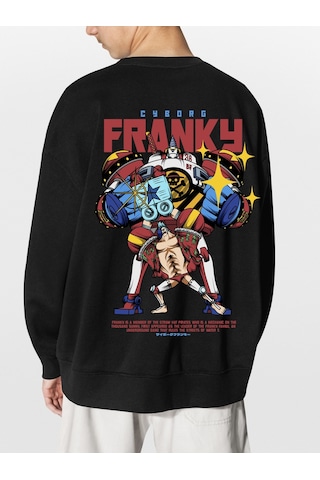Unisex Siyah Franky Baskılı Hoodie Oversize Kapşonsuz Sweatshirt Siyah