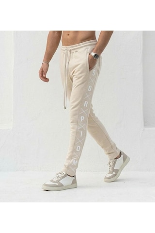 Plus Scorpion Erkek Slim Fit Eşofman Altı Yazılı Şerit Detaylı, Dar Paça Jogger Pantolon Bej