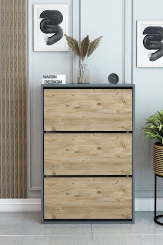 3 Raflı Ayakkabılık Düşer Kapak Kayar Kapak Vestiyer Portmanto Katlı Bölmeli Kapı Önü Modern Atlantik Çam - Antrasit
