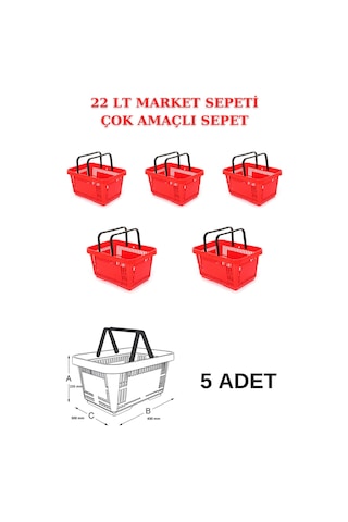22 Litre 5 Adet Market Sepeti, Alışveriş Sepeti, Saplı Market Sep