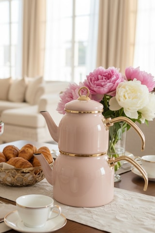 Pastel Rose Pembe Renk Emaye Çaydanlık Takımı İkili Gold Saplı