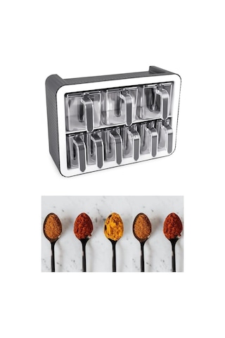 9 Lu Baharatlık Seti, Standlı Kaşıklı Kapaklı Yapışkanlı Baharat Erzak Saklama Takımı Füme-beyaz Gri - Beyaz