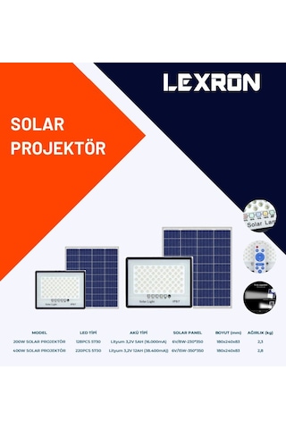 Lexron - İnges 400 Watt Led Hazır Solar Projektör Kumandalı 400 W Güneş Enerjili Aydınlatma Işıldak