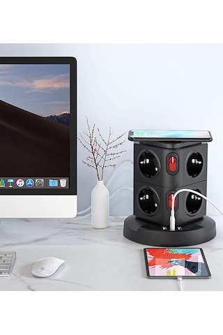 Termal Akım Korumalı Kablosuz Şarj 3 USB 8 Priz 1x Wireless Uzatma Kablosu