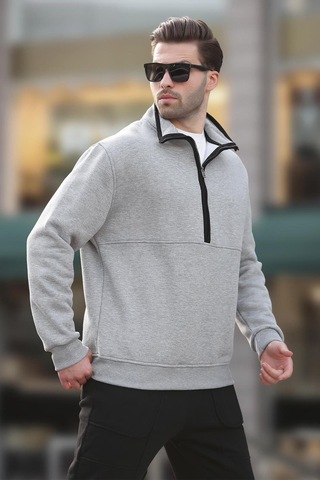 Madmext Gri Dik Yaka Yarım Fermuarlı Sweatshirt 7079 Gri