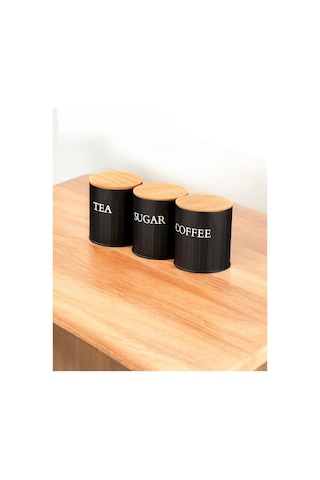 3 Lü Ahşap Kapaklı Metal Saklama Kutusu Çay Kahve Şeker Kavanoz Saklama Kabı Siyah