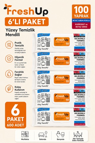 Freshup Yüzey Temizlik Mendili 6 Adet 100'lü 600 Yaprak Beyaz
