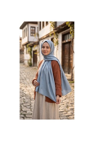 Nukra Jakarlı Pamuk Tesettür Şal Osmanlı Desen Mavi 70 X 190 Cm