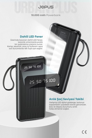 10000mah Powerbank Dahili Kablolu, Lcd Ekranlı, Led Lambalı, Taşınabilir Şarj Cihazı Siyah