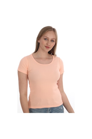 Monox Kadın Fitilli Likralı Pamuk Basic Tshirt Somon