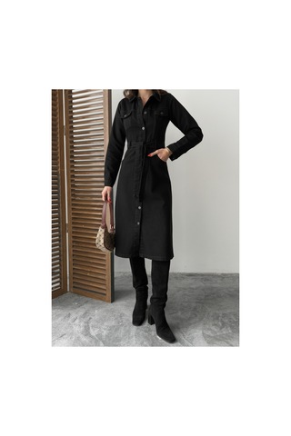 Bluemarlin Full Siyah Düğme Kapamalı Kuşaklı Trençkot Siyah