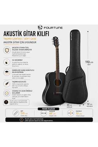 Fourtune Luca Siyah Akustik Gitar Kılıfı Kalın Taşıma Çantası Eğitim Metodu Hediye