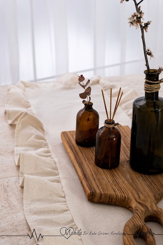 Düz Bej 40x125 Şık Tasarım Ekstra Büyük Fırfırlı Runner, %100 Keten Runner Bej