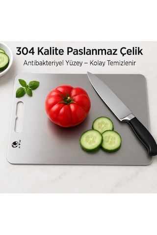 Paslanmaz Çelik Antibakteriyel Kesme Tahtası 304 Kalite - Büyük Boy 24x34 Cm Gri