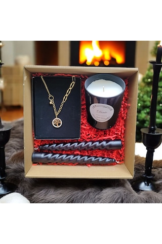 Denic Hediye Seti Kokulu Siyah Bardak Mum Yaşam Agacı Kolye Burgulu Mum
