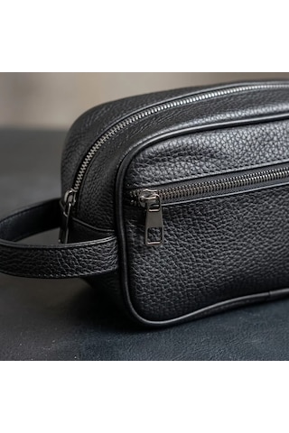 Trendexa Erkek Siyah Deri El Çantası Çift Fermuarlı El Tutmalı 20x13 Cm Günlük Seyahat Organizer Çanta Mac