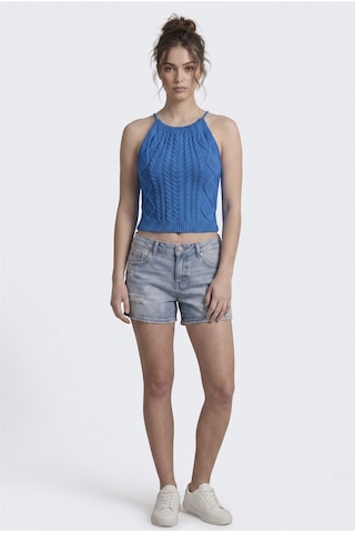 Neden Tekstil Kadın Triko Örme Halter Yaka Crop Bluz - Saks Mavisi