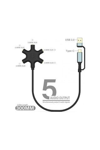 Usb A Type C Ses Kartı Ve 5 Port Kulaklık Çoklayıcı Dağıtıcı Splitter