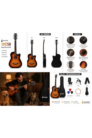 Valares 38c Kesik Kasa Sap Ayarlı Akustik Gitar 38 4/4 Full Aksesuar Hediyeli Sunburst Suhr Burst