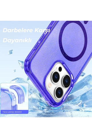 İphone 14 Pro Max Uyumlu Renkli Magneticsafe Parlayan Simli A+ Kalite Silikon Kapak - Şeffaf
